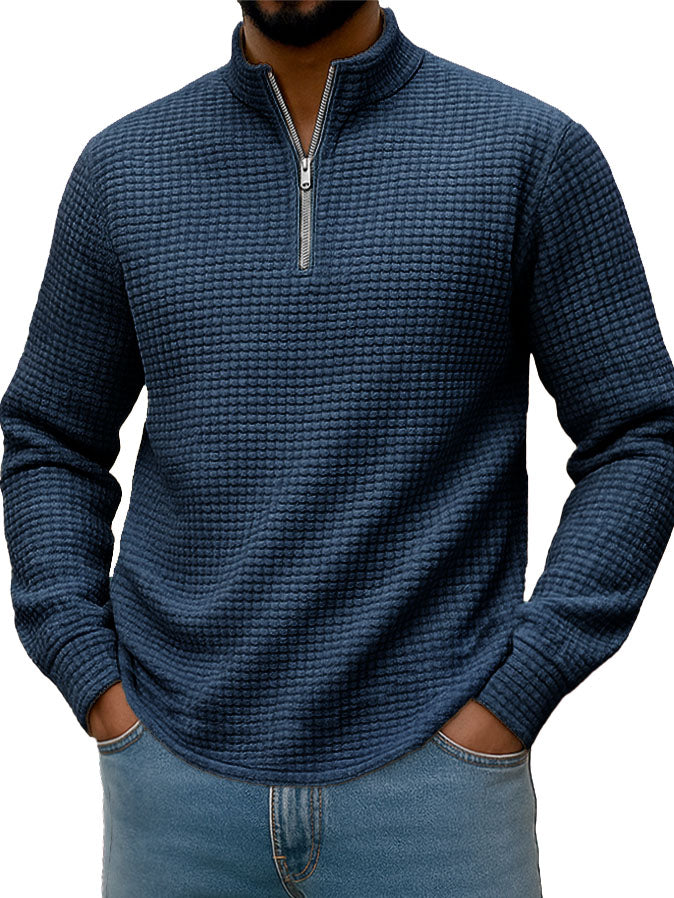  Men's Stylish Casual Corn-patterned Corduroy Fabric Stand-up Collar Half-zip Long-sleeved Sweatshirt 