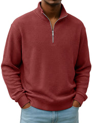 Simple Everyday Waffle Stand-up Collar Zipper Casual Long-sleeved T-shirt