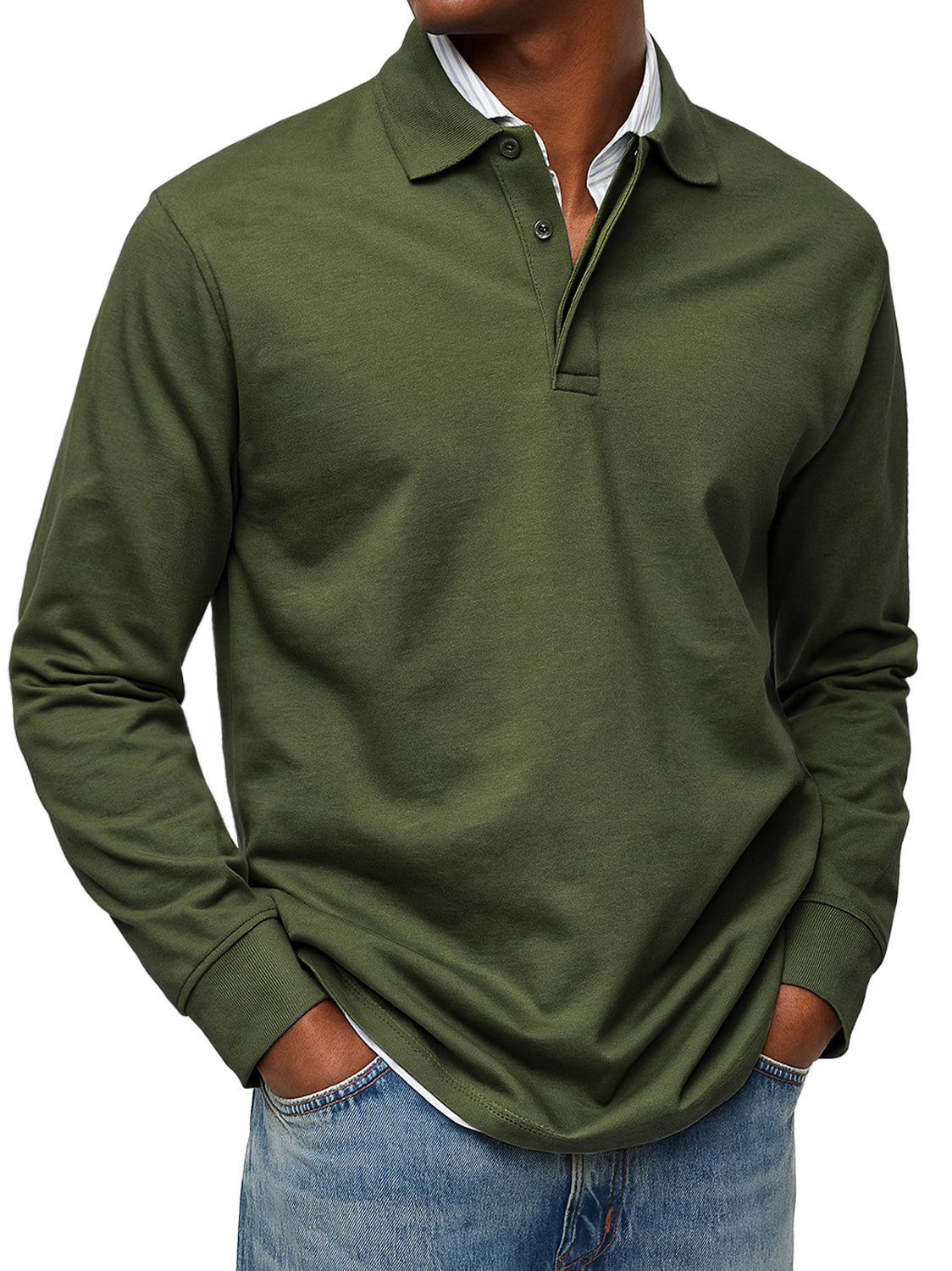 Men's Daily Double-layer Lapel Button-down Solid Color Long-sleeved Polo Shirt