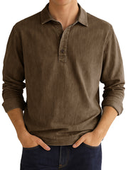  Men's Stylish Vintage Distressed Lapel Long-sleeved Polo Shirt