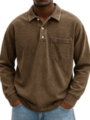 Men's Stylish Vintage Distressed Pocket Lapel Long-sleeved Polo Shirt 