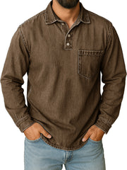Men's Stylish Vintage Distressed Pocket Lapel Long-sleeved Polo Shirt 