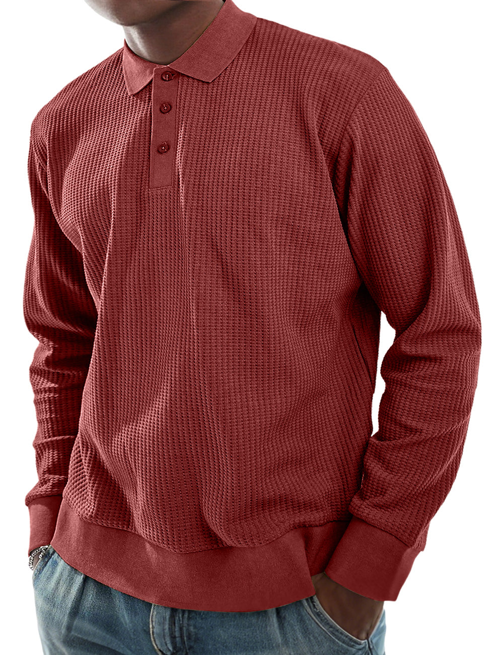 Men's Everyday Waffle Lapel Button-down Casual Long-sleeved Polo Shirt