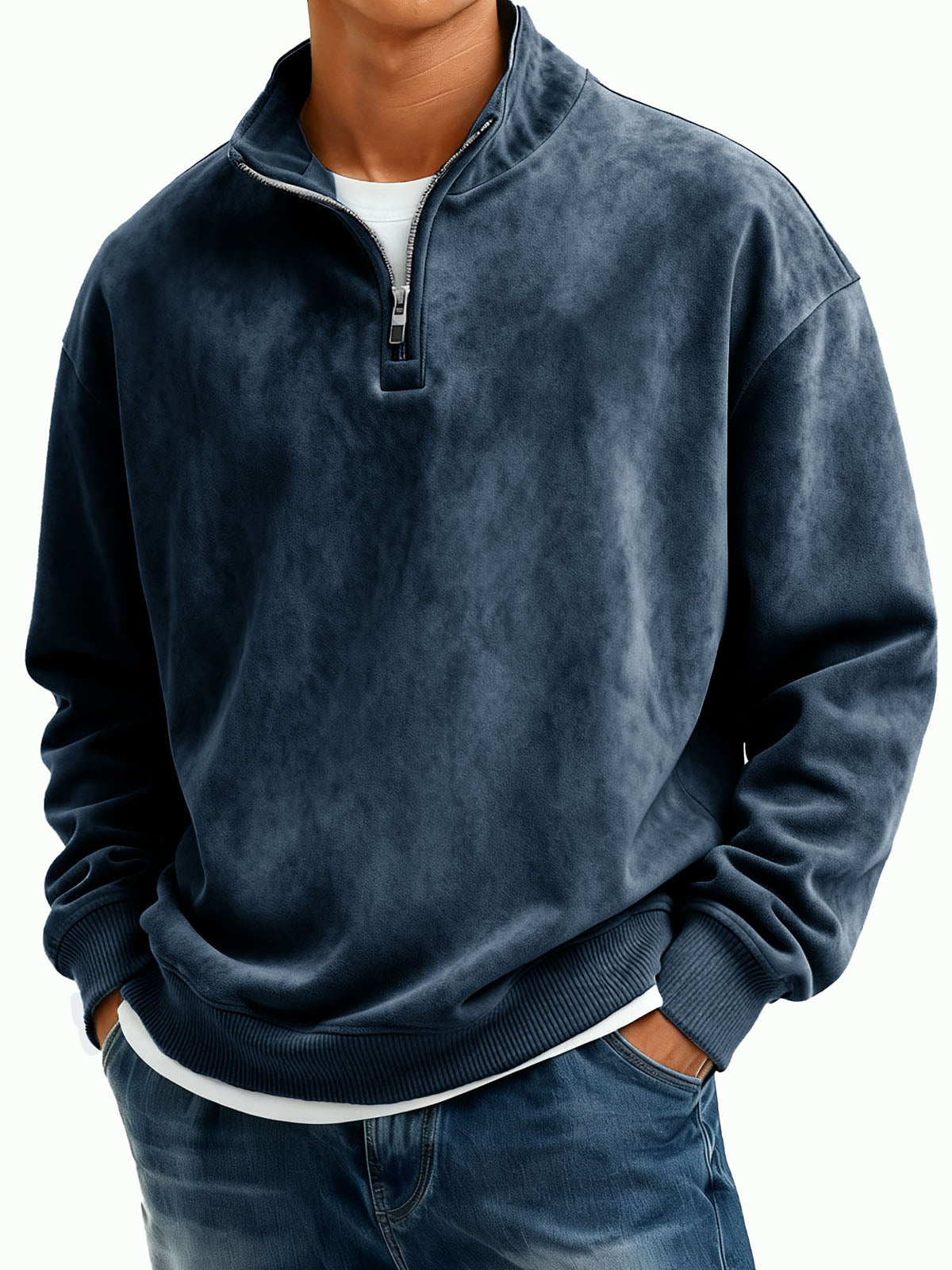 Men's Casual Suede Fabric Stand-neck Half-zipper Long-sleeved Hoodie