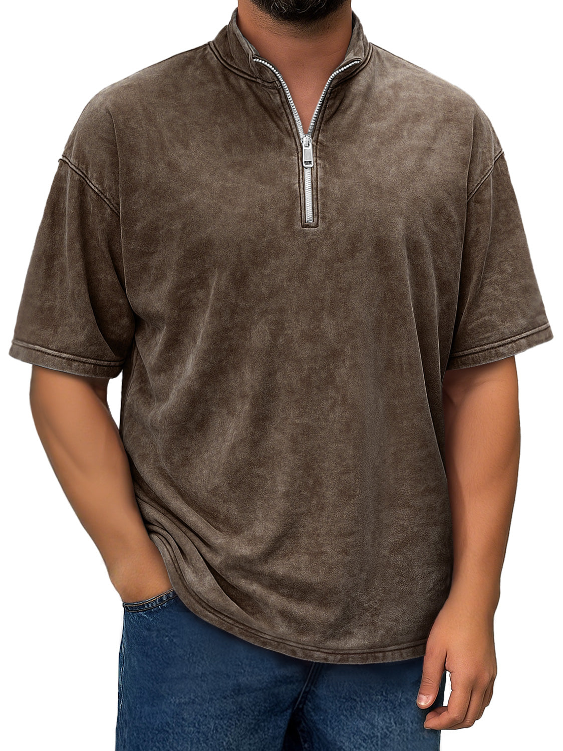 Men's Retro Stand Collar Zipper Casual Short Sleeve T-shirt