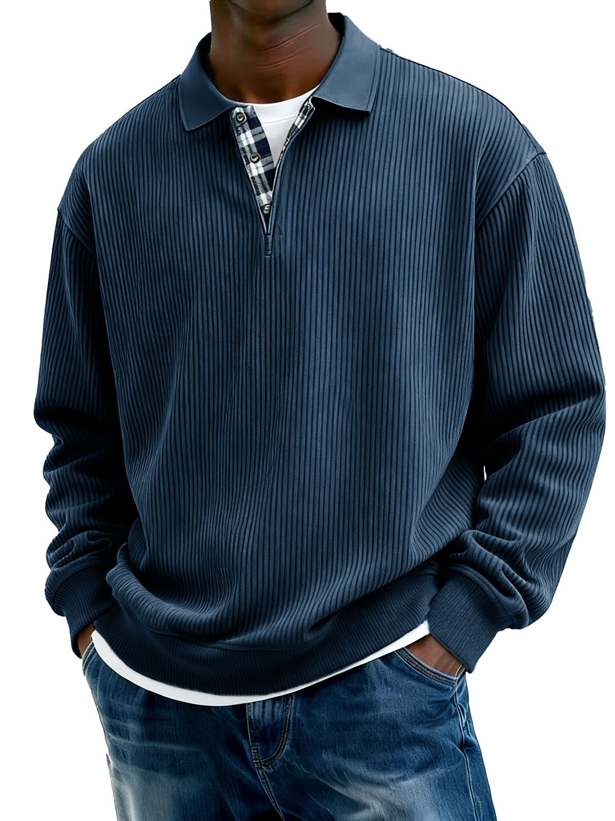 Men's Stylish Everyday Plaid Placket Patchwork Ribbed Fabric Long-sleeved Polo Shirt