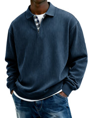 Men's Stylish Everyday Plaid Placket Patchwork Ribbed Fabric Long-sleeved Polo Shirt