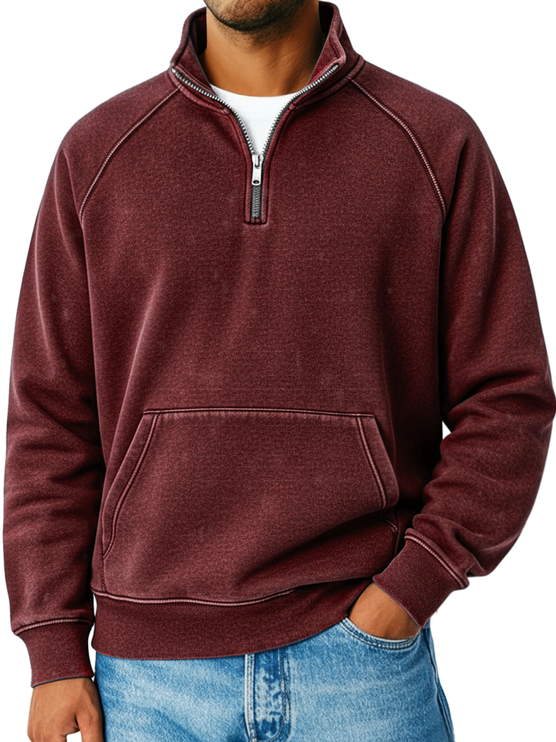 Men's Retro Raglan Sleeve Stand Collar Zipper Loose Casual Sweatshirt
