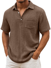 Men's Daily Pleated Texture Lapel Casual Pocket Comfortable Short Sleeve POLO Shirt