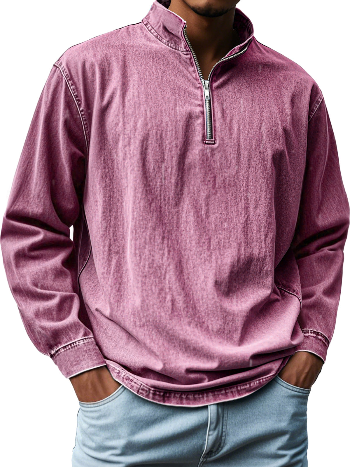 Men's Vintage Distressed Stand-up Collar Zipper Casual Long-sleeved T-shirt