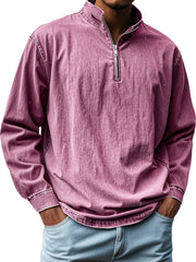 Men's Vintage Distressed Stand-up Collar Zipper Casual Long-sleeved T-shirt