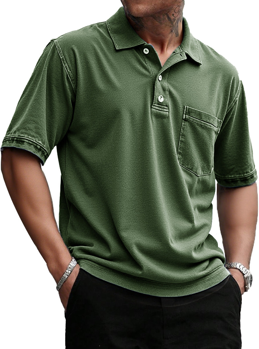 Men's Stylish Retro Pure Cotton Distressed Fabric Pocket Lapel Polo Shirt 