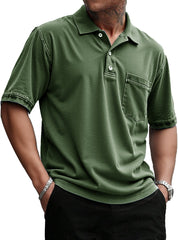 Men's Stylish Retro Pure Cotton Distressed Fabric Pocket Lapel Polo Shirt 