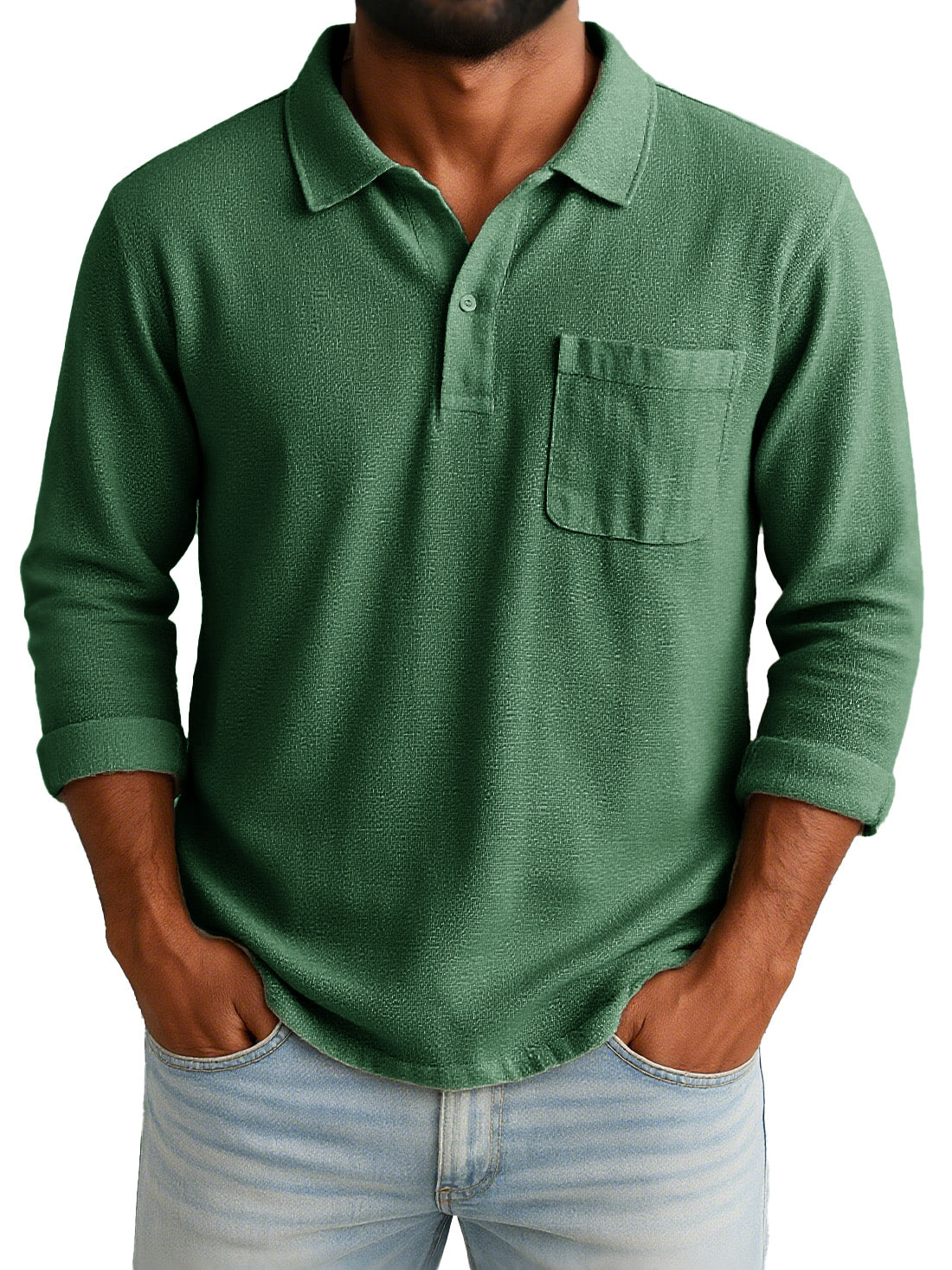 Men's Retro-chic Ramie Fabric Long-sleeved Polo Shirt With Loose-fitting Drawstring Waist And Embroidered Logo 