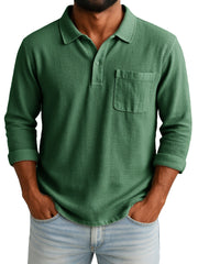 Men's Retro-chic Ramie Fabric Long-sleeved Polo Shirt With Loose-fitting Drawstring Waist And Embroidered Logo 