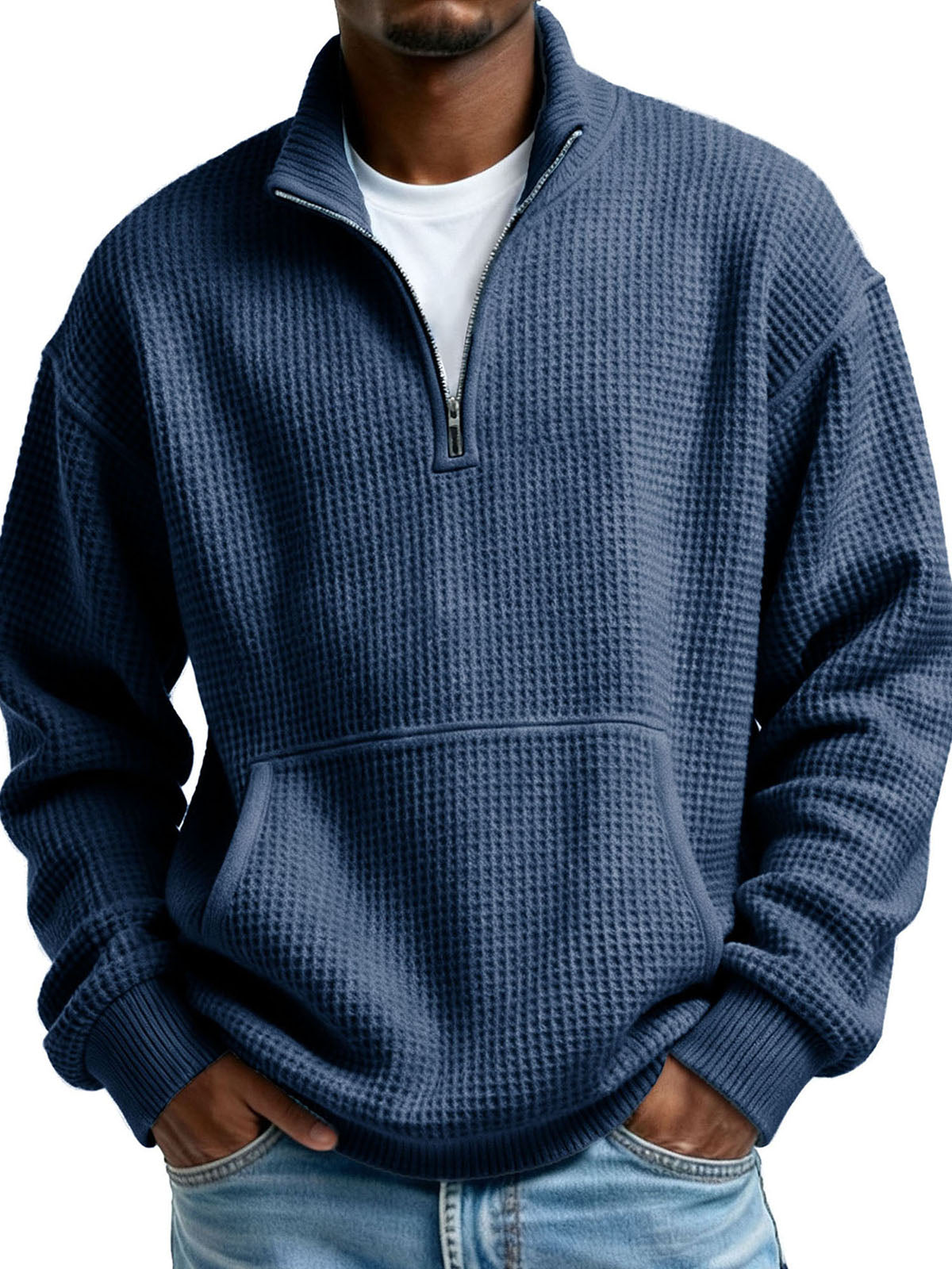 Men's Clothing Fashionable Casual Pit Strip Fabric Upright Collar Zipper Pockets Long-sleeved Hoodie