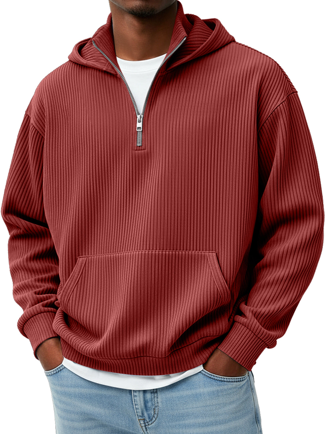 Men's Pit Stripe Stand Collar Zipper Casual Loose Hooded Sweatshir