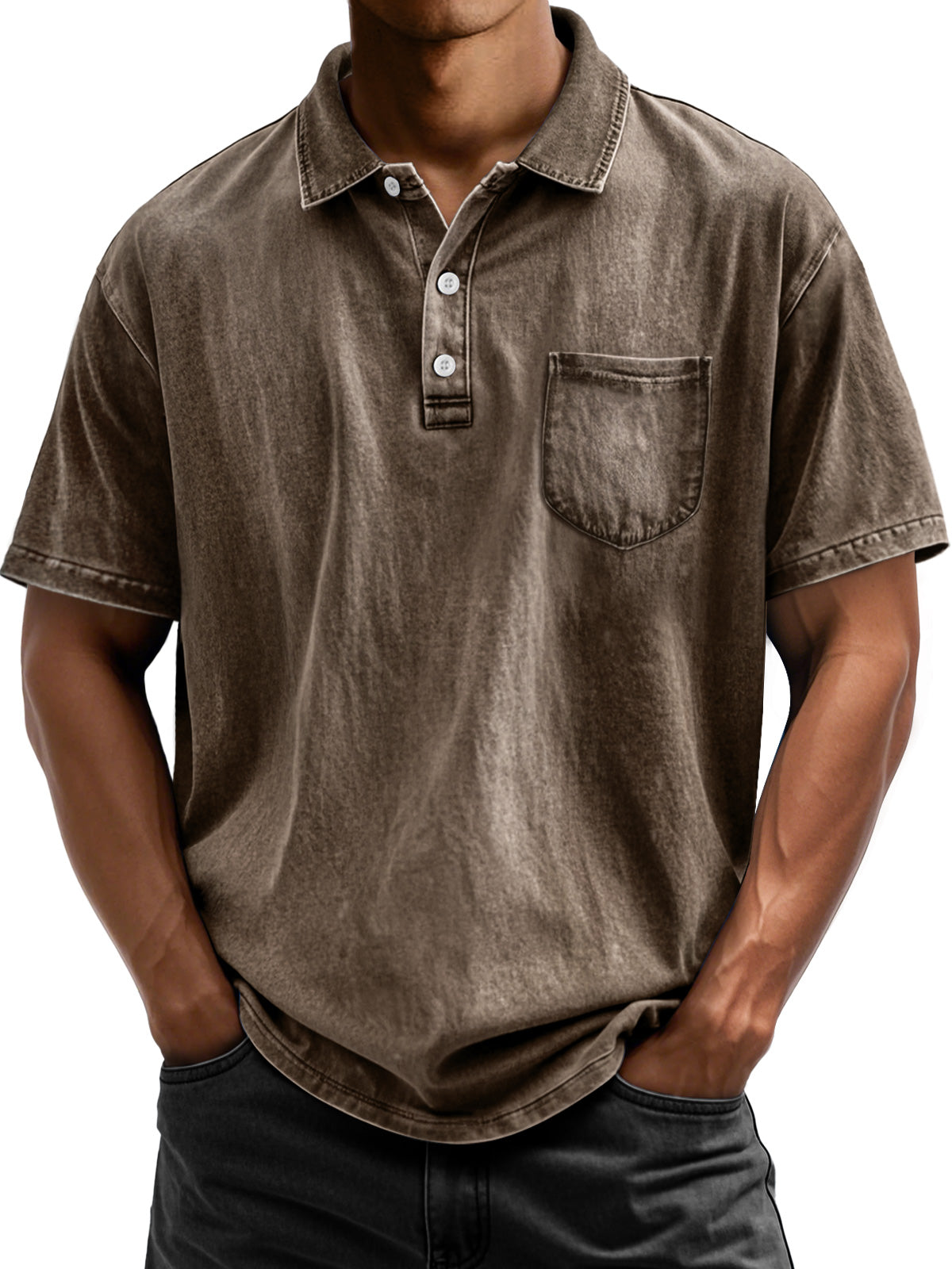 Men's Vintage Cotton Washed Distressed Lapel Pocket Short Sleeve POLO Shirt