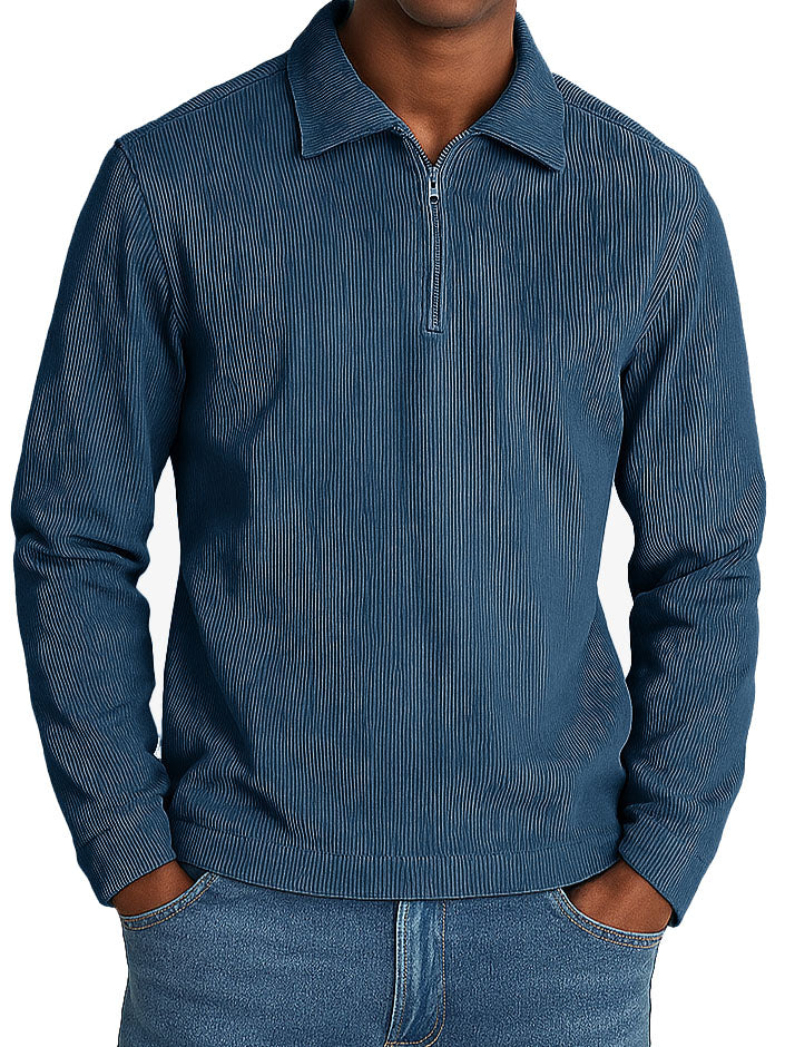 Men's Stylish Casual Retro Lapel Corduroy Ribbed Fabric Long-sleeved Zip-up Polo Shirt 