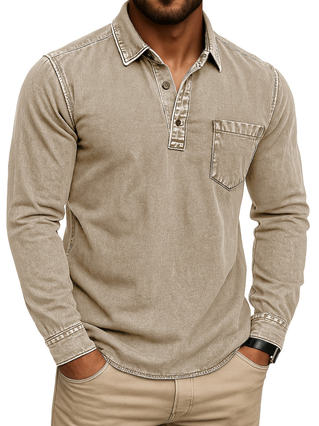 Men's Stylish Retro Outdoor Distressed Pocket Stand Collar Long-sleeved Polo Shirt
