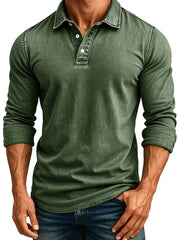 Men's Retro Fashion Distressed Lapel Long-sleeved Polo Shirt