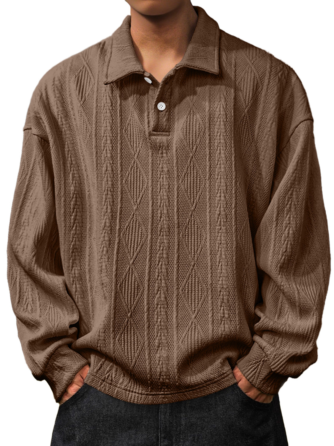 Men's Daily Jacquard Texture Lapel Button Long Sleeved Polo Shirt