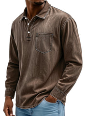 Men's Vintage Cotton Washed Lapel Button Casual Long Sleeve Polo Shirt