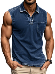 Men's Fashion Daily Distressed Fabric Pocket Sleeveless Polo Shirt 
