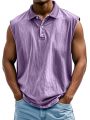 Men's Retro Casual Lapel Button Solid Color Loose Sleeveless POLO Shirt