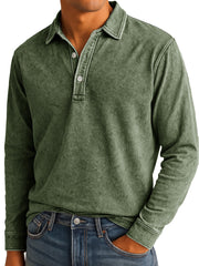 Men's Stylish Vintage Washed And Distressed Lapel Long-sleeved Polo Shirt 