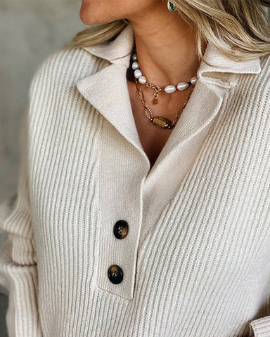 Women's Snap-Buttons Foldover Collar Knitted Pullover Sweater Tops