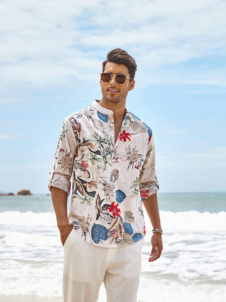 Cotton Linen Floral Henley Shirt