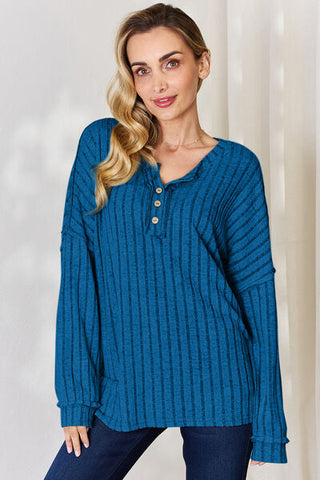 Women's Basic Bae Full Size Ribbed Half Button Long Sleeve T-Shirt