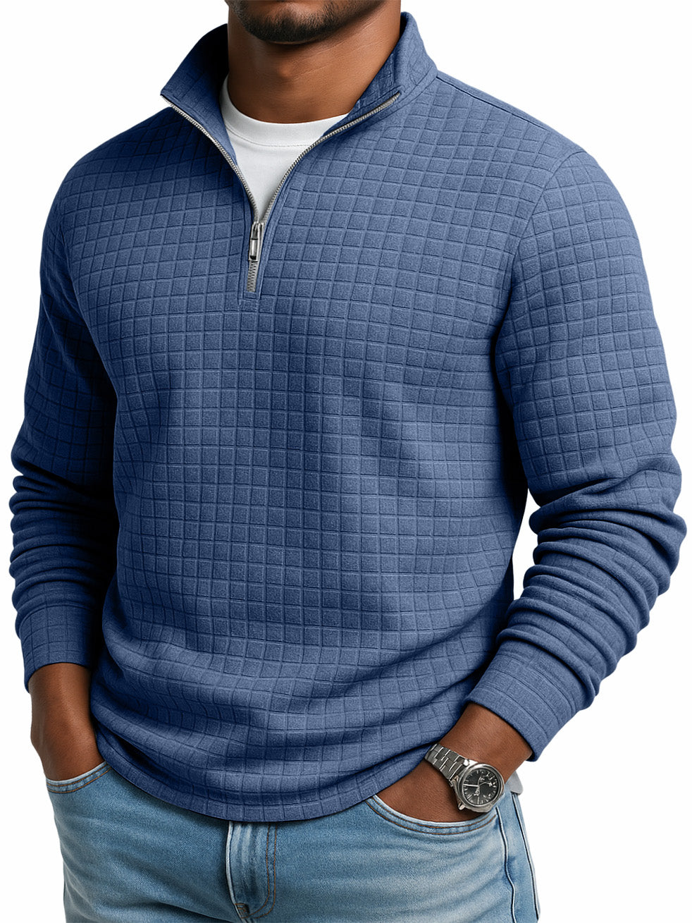 Men's Casual Solid Color Large Waffle Quarter Zip Stand Collar Sweatshirt