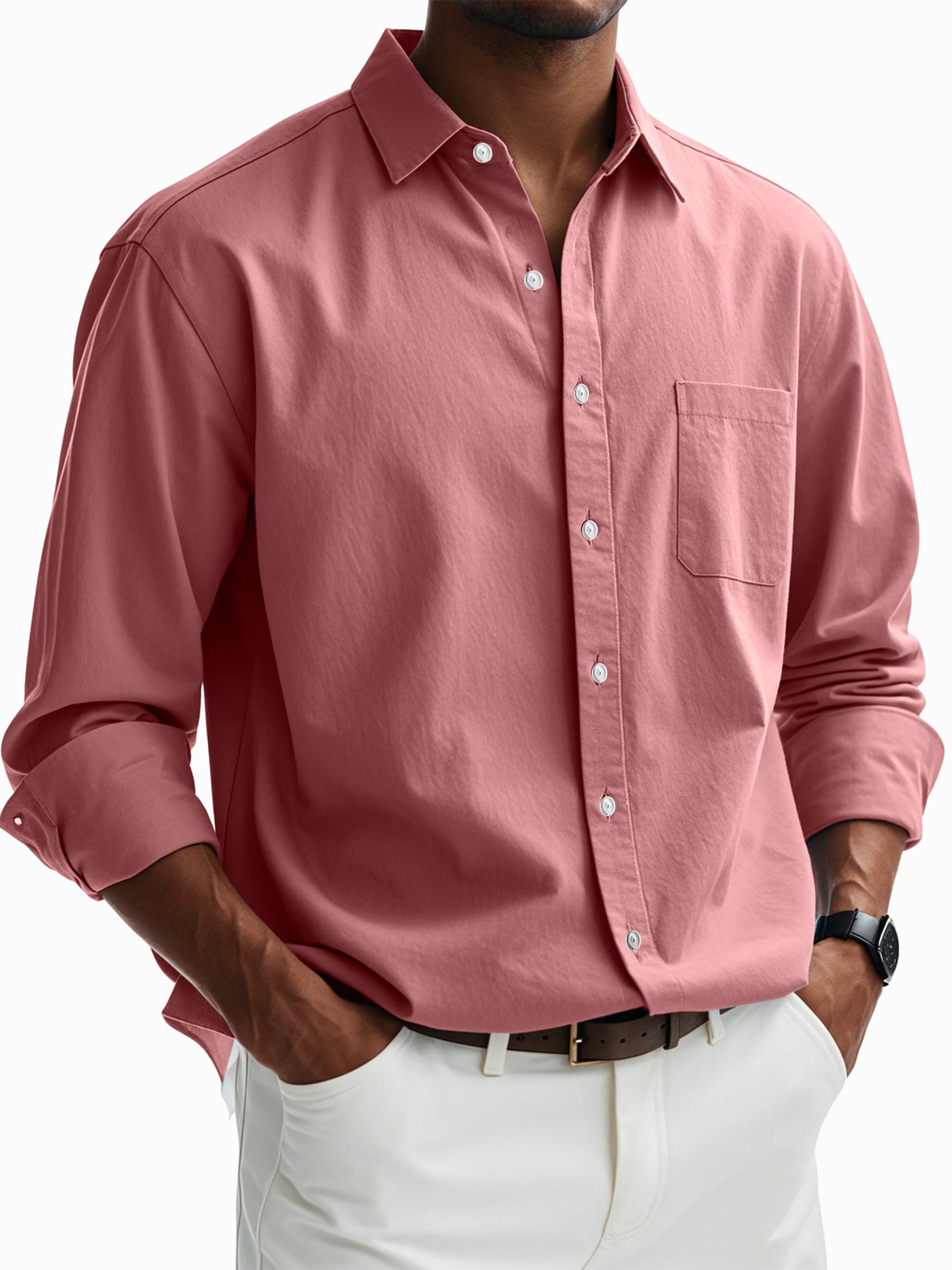 Men's Casual Cotton Pocket Basic Long Sleeve Shirt