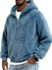 Men's Stylish Coral Fleece Hooded Sweatshirt with Kangaroo Pockets and A Quarter Zip