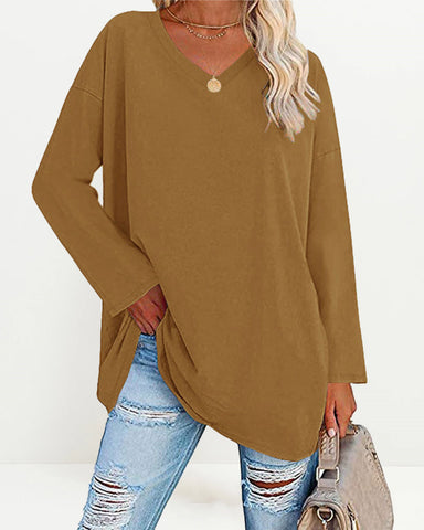 Women's Solid Color V Neck Long Sleeve Pullover Basic T-shirts Casual Sweatshirt