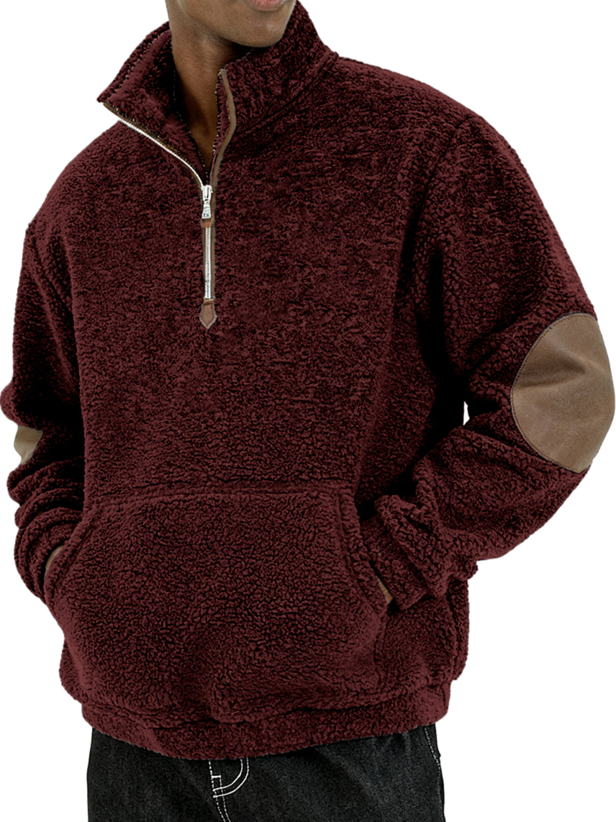 Men's Sherpa Cozy and Stylish Half - Zip Pullover with Elbow Patches