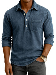 Men's Vintage Distressed Casual Daily Long-sleeve Polo Shirt with Chest Pocket