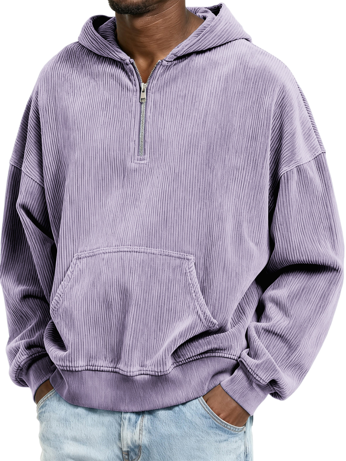 Corduroy Ribbed Stylish Quarter Zip Pullover Sweatshirt with Kangaroo Pocket