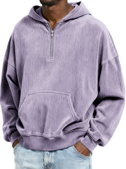Corduroy Ribbed Stylish Quarter Zip Pullover Sweatshirt with Kangaroo Pocket