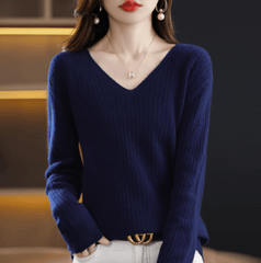 Women's V-Neck Pullover Long Sleeve Solid Color Cashmere Sweater