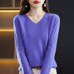 Women's V-Neck Pullover Long Sleeve Solid Color Cashmere Sweater