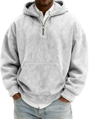 Men's Vintage Suede Quarter-Zip Hooded Sweatshirt with Kangaroo Pocket