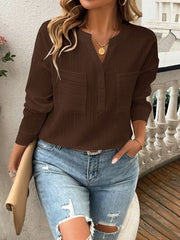 Devine Pocketed Notched Long Sleeve Blouse