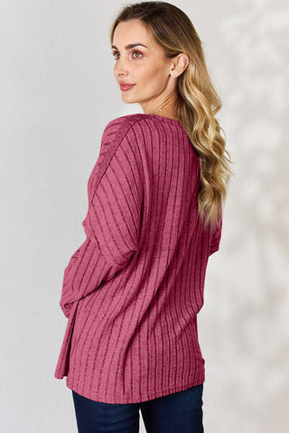 Women's Basic Bae Full Size Ribbed Half Button Long Sleeve T-Shirt