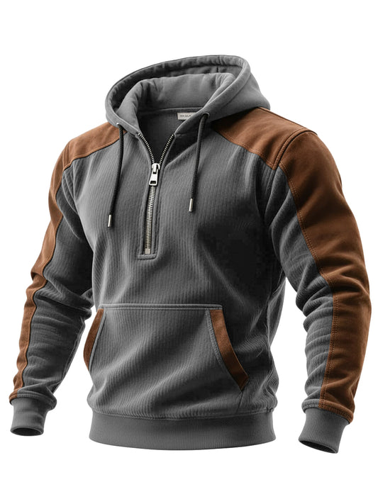 Men's Casual Retro Colorblock Zip  Hooded Sweatshirt