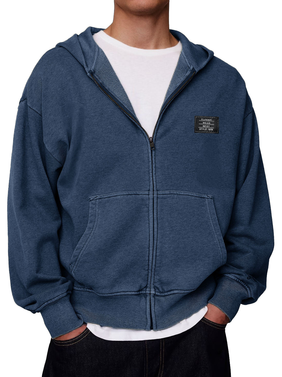 Men's Stylish Retro Outdoor Loose-fitting Embroidered Logo Pocket Long-sleeved Zip-up Hooded Sweatshirt
