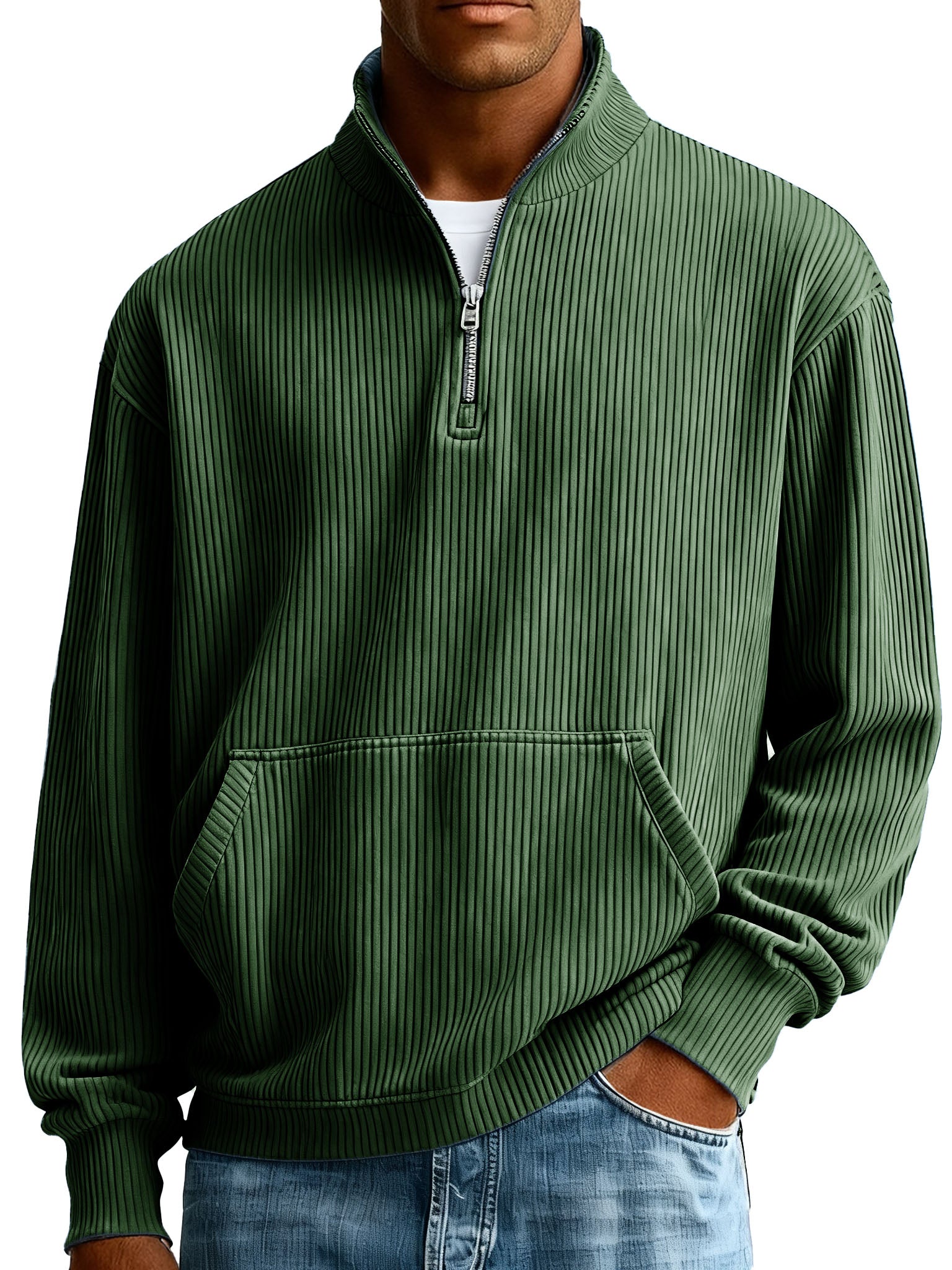  Men's Fashionable Casual Ribbed Fabric Stand-up Collar Half-zip Long-sleeved Sweatshirt