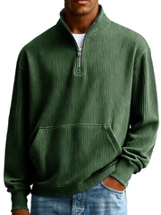  Men's Fashionable Casual Ribbed Fabric Stand-up Collar Half-zip Long-sleeved Sweatshirt